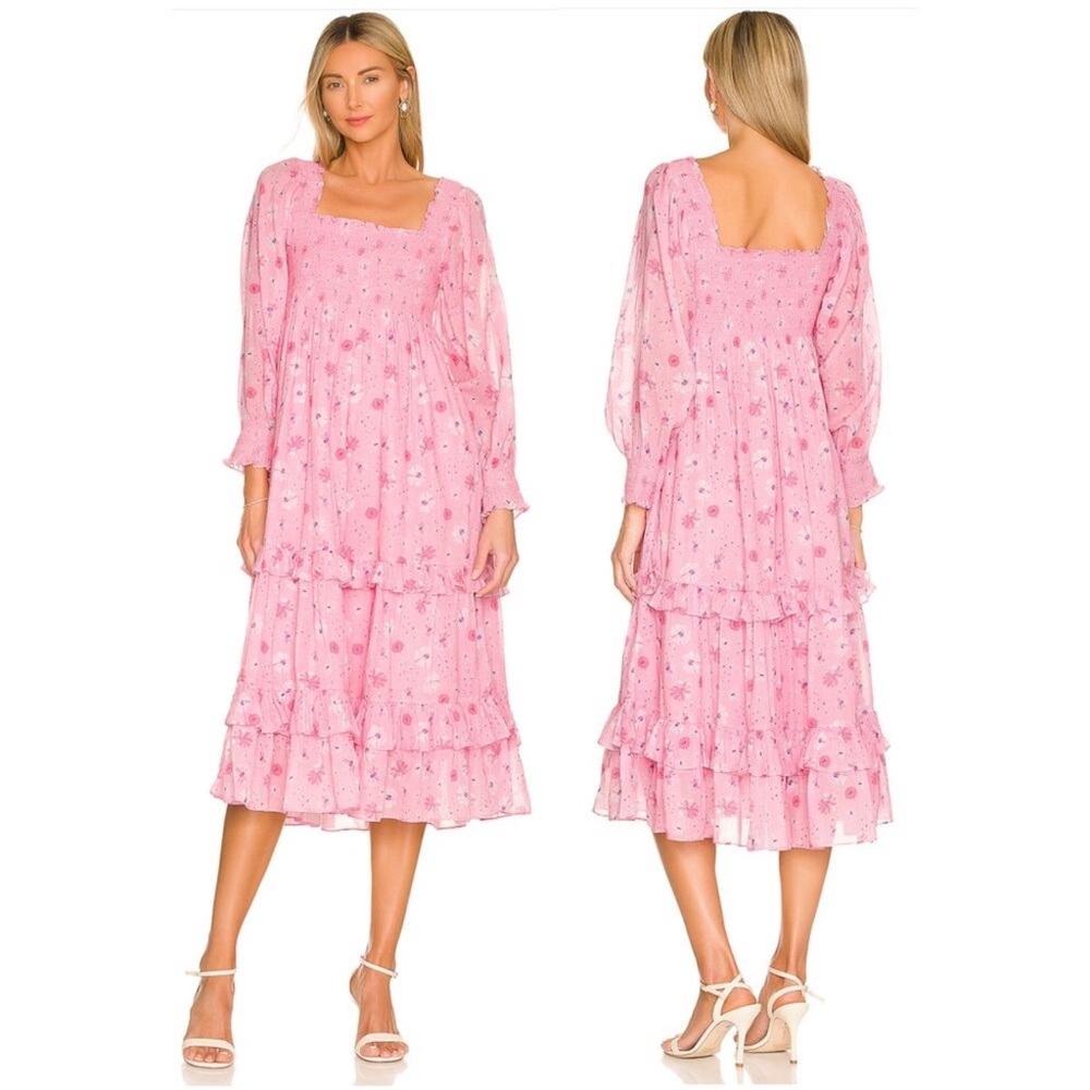 LoveShackFancy Pink Floral Midi Dress